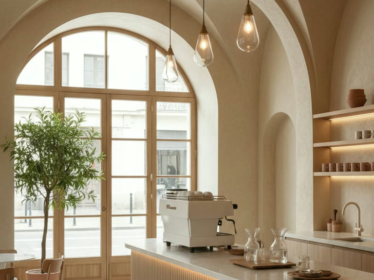 Local gastronómico con bóvedas, ventanal en arco y barra con luz cálida